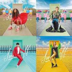 four different images with people in colorful outfits and one man sitting on a chair, the other standing