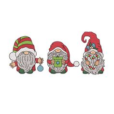 three gnomes with christmas decorations on their heads