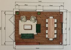 an overhead view of a living room and dining area with brick walls, floor plans, and furniture