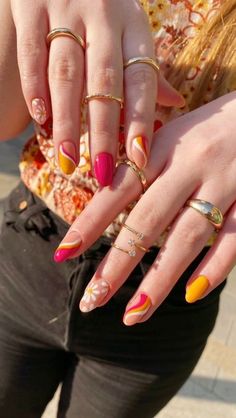 Nails And Rings, Retro Nails, Hippie Nails, Cute Gel Nails, Dream Nails, Funky Nails, Fancy Nails