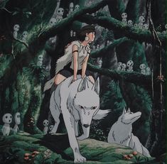 a woman riding on the back of a white wolf