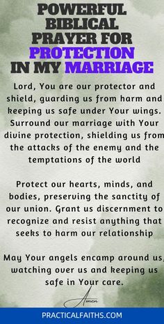 a poster with the words powerful prayer for protection in my marriage on it's back