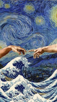 two hands reaching out to touch each other over a painting with waves and buildings in the background