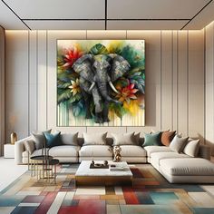 an elephant painting on the wall in a living room