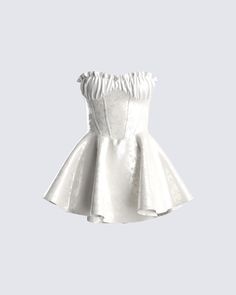 No manifesting needed -- this strapless, white mini dress will get you everything you desire 🤍 Made with satin jacquard and completed with a ruffle neckline, underwire inserts, and bodice boning - you'll look like you came straight out of a fairytale 👑 Strapless Satin Corset Dress With Ruched Detail, Satin Corset Dress With Ruffles, White Ruched Feminine Corset Dress, Party Mini Dress With Ruffles Overbust, White Feminine Corset Dress With Ruched Bodice, Mini Satin Strapless Dress With Ruched Bodice, Strapless Ruffled Corset Dress, Elegant Mini Dress For Prom, Summer Strapless Corset Dress In Coquette Style