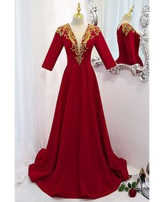 Get 10% off now! Buy burgundy gold embroidered sequins vneck velvet evening dress with sleeves at cheap price online. Free stable shipping and pro custom service since 2009. Gold Formal Dress Long, Evening Dress With Sleeves, Sequins Prom Dress, Gold Formal Dress, Prom Dress Burgundy, Velvet Evening Dress, Long Formal Dress, Banquet Dresses, Evening Dresses With Sleeves