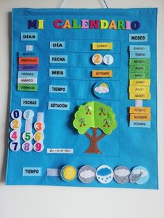 a blue bulletin board with different items on it and the words in spanish are cut out