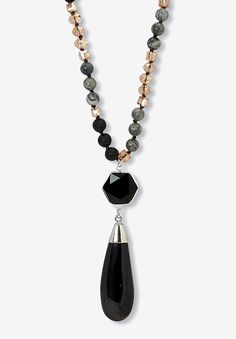 Add a touch of natural elegance to your wardrobe with this stunning genuine black agate beaded drop necklace. Featuring genuine black lava stone accents, it's the perfect gift for lovers of bohemian style. Due to the natural characteristics of these unique gemstones, variations in color and appearance may occur. Silvertone. 32 inch length, pullover style.FABRIC: SilvertoneMain Stone: 1 Special Cabachon Cut Genuine Black Agate, 51 mm x 21 mm1 Special Cabachon Cut Genuine Black Agate, 18 mm x 18 mm24 Round Cabachon Cut Genuine Black Lava, 8 mm x 8 mm27 Round Cabachon Cut Genuine Grey Agate, 8 mm x 8 mmDimensions: 21 mm wide x 32 inches long x 15 mm highIncludes gift box and drawstring pouch available in sizes ONE SIZE | Women's Genuine Black Agate Silvertone Drop Necklace, 32-Inch Length by Black Teardrop Necklace With Natural Stones, Black Crystal Necklace With Natural Stones, Black Teardrop Spiritual Necklace, Black Spiritual Teardrop Necklace, Elegant Adjustable Black Drop Necklace, Spiritual Black Teardrop Necklace, Adjustable Black Long Crystal Necklace, Black Long Necklace With Gemstone Beads, Black Teardrop Jewelry With Faceted Beads