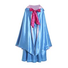 a blue cape with a pink bow on it