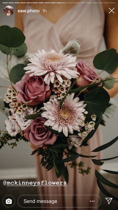 a woman in a dress holding a bouquet of flowers on her cell phone with the caption, nicki newsflowers send message