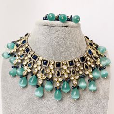 Premium Dual Tone uncut Polki Kundan Necklace/Sabyasachi/Indian/Bollywood/Celebrity/Fine Kundan Necklace/Pakistani/Punjabi/Statement Set Luxury Blue Traditional Kundan Necklace, Bollywood Style Kundan Necklace With Meenakari, Bollywood Style Meenakari Necklaces For Designer Wear, Bollywood Style Meenakari Necklace For Designer Wear, Bollywood Style Necklaces For Eid Party, Bollywood Style Necklaces For Eid, Heavy Kundan Necklace For Eid, Bollywood Style Cutdana Necklace For Designer Wear, Heavy Blue Bridal Necklace For Diwali