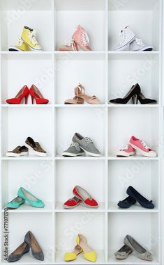 Stock Image: Collection of shoes on shelves Shoe Organization Small Space, Fashion Garments, Collection Of Shoes, Fashion Hairstyles, Shoe Organizer, Stylish Fashion, Image Collection, Shoe Rack, Royalty Free Images