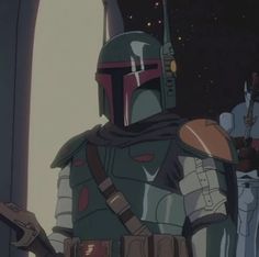 the boba fett from star wars is standing in front of some other characters