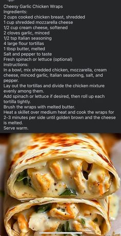 the recipe for chicken wraps is shown in two different languages, and includes instructions on how to make them