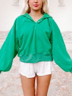 Brynn Green Pullover Top | Sassy Shortcake Cozy Green Top For Everyday, Green Buttoned Tops For Loungewear, Cozy Collared Tops For Spring, Green Tops With Ribbed Collar, Collared Spring Sweater For Loungewear, Spring Collared Loungewear Sweater, Spring Collared Sweater For Loungewear, Cozy Spring Top With Buttons, Cozy Collared Top With Relaxed Fit