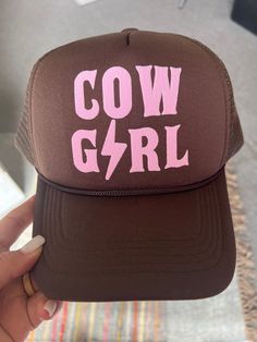 Cute Cowgirl lightening bolt brown foam trucker hat.  Sure to be your go to for any summertime events!! Brown Foam Trucker Hat adjustable snap back  Pink Puff Cowgirl Western Style Brown Trucker Hat For Outdoor, Casual Brown Trucker Hat For Rodeo, Brown Trucker Baseball Cap With Letter Print, Casual Brown Trucker Hat For Country Events, Brown Western Trucker Hat, Western Brown Trucker Hat One Size, Brown Trucker Hat For Rodeo, Western Brown Trucker Hat, Adjustable Brown Trucker Hat For Rodeo