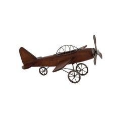 a wooden model airplane with wheels on it's sides and a propeller attached to the wing