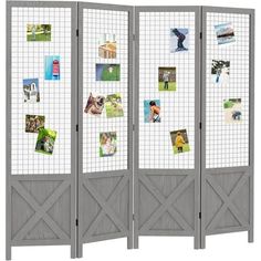 a room divider with pictures on it and some magnets attached to the doors