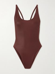 Confidence-boosting styles are Magda Butrym's specialty. This swimsuit has been made in Italy from smooth, glossy stretch fabric and is designed with a low scoop back and high-cut legs. Brown One Piece, Simplicity Fashion, Halter Neck Swimsuit, High Cut Swimsuit, Flat Dress Shoes, Magda Butrym, Exclusive Dress, Sport Swimwear, Fine Jewelry Designers