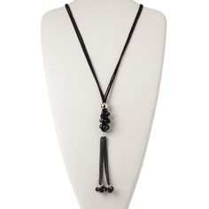 This soft velvet cord necklace features a cluster of rondelle beads with a 6-inch black chain dangle. Ready-to-wear necklace is ideal for gift-giving, counter sales or extending current jewelry lines. Colors, shapes and sizes may vary in each lot. Adjustable Gunmetal Necklaces For Party, Adjustable Gunmetal Necklace For Party, Adjustable Long Necklace With Black Beads, Adjustable Black Necklaces With Faceted Beads, Adjustable Double Strand Black Beaded Necklace, Black Adjustable Double Strand Jewelry, Adjustable Long Black Beaded Necklace, Black Long Necklace With Adjustable Length, Black Beaded Lariat Necklace