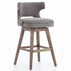 an upholstered bar stool with grey fabric and wooden legs, on a white background