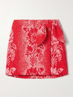 ALÉMAIS Martha wrap-effect organic cotton-blend terry mini skirt Floral Wrap Skirt, Hair Style Vedio, Flower Skirt, Jacquard Knit, Tropical Floral, Skirt Pattern, Shades Of Red, Eras Tour, Wrap Skirt