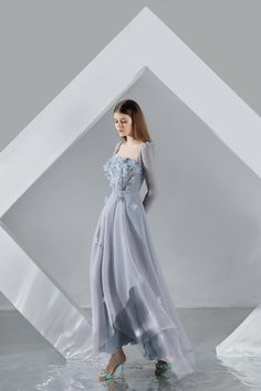 This dress features an attached floral design and a straight across. The fabric is lightweight and perfect for all occasions. The long sleeves and ankle length offer style and sophistication. Happy Clothes, Organza Sleeves, Mean Blvd, Grey Maxi Dress, Ankle Length Dress, Fantasy Gowns, Lingerie Outfits, Dresses By Length, Mid Dresses