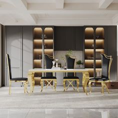 an elegant dining room with black and gold chairs