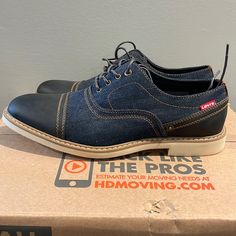 Brand New Levi’s Comfort Shoes Denim Jean Material With Leather Toe Cover Never Worn, Clean Bottoms, Casual Blue Wingtip Dress Shoes, Casual Blue Dress Shoes With Brogue Detailing, Casual Spring Wingtip Dress Shoes, Casual Low-top Spring Dress Shoes, Casual Low-top Dress Shoes For Spring, Spring Casual Low-top Dress Shoes, Casual Dress Shoes With Rubber Sole And Cap Toe, Casual Blue Low-top Dress Shoes, Blue Casual Low-top Dress Shoes