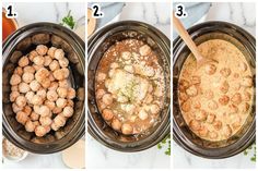 three pictures showing the steps in how to make shrimp and rice casserole with meatballs