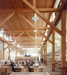 the inside of a library with tables and chairs