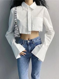 44532473888995|44532473921763|44532473954531 Cropped White Shirt, Short Blouse, Tops Korean, Short Blouses, White Long Sleeve Shirt, Collars For Women, Spring Shirts