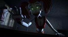 an animated character with green eyes and red hair standing next to a bed in a dark room