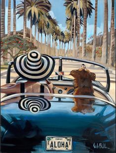 a dog is sitting in the back of a blue car with palm trees behind it