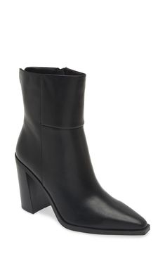 Elevate your cool-season looks with this sleek side-zip bootie framed with a snipped pointy toe and angular stacked heel. 3 1/2" heel 7 1/2" shaft; 12" calf circumference Leather upper/textile and synthetic lining/synthetic sole Imported Chic Ankle Boots With Side Zipper, Chic Boots With Side Zipper For Fall, Chic Black Boots With Side Zipper, Black Fits, Stacked Heel, Boot Shoes Women, Mid Calf, Bootie, Side Zip