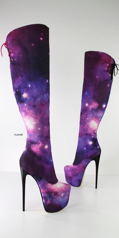 Purple Knee High Galaxy Heel Boots Beige Boots Outfit, Psychobilly Fashion, Purple Boots, Beige Boots, Heel Accessories