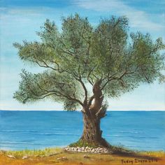 an oil painting of a tree by the ocean