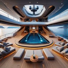 the inside of a large boat with couches and tables on it's deck