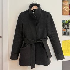 Dry-Cleaned, De-Pilled And Brushed -Ready To Move To A New Closet! This Coat Is Very Warm And Flattering! I’ve Worn It In The Thick Of New England Winters, And Not Only Have I Felt Warm, But I Also Haven’t Felt Like A Giant Bundle Of Sweaters. It Has Normal Signs Of Wear, But It’s In Overall Great Condition. Please Note The Lining Has Some Holes Along The Bottom. Aritzia Jacket, New Closet, Aritzia Wilfred, Belted Coat, Cashmere Wool, New England, Black And Grey, Overalls, Cashmere