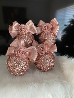 pink roses and glitter balls on white fur