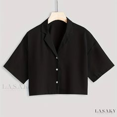 Lasaky - Professional Womens Short Sleeve Button-Up Shirt with Lapel Collar Shirting Fabric, Boho Shirt, Cropped Style, Crop Blouse, Button Front Shirt, Short Sleeve Button Up, Style Boho, Crop Shirt, Color Khaki