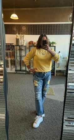 !00% cotton elastic waist jeans with mustard and navy patchwork insets. Drawstring waist. Fit: Wearing the Large. Generally a 29 in a boutique denim. 5'8" 100% cotton, no stretch. Item Number: 330-424 Item ID: 27567 Category: Jeans Casual Patched Jeans For Fall, Casual Jeans With Patches For Fall, Casual Yellow Patchwork Bottoms, Casual Yellow Denim Jeans, Relaxed Fit Yellow Cotton Jeans, Trendy Relaxed Fit Yellow Jeans, Yellow Relaxed Fit Cotton Jeans, Trendy Yellow Relaxed Fit Jeans, Yellow Cotton Jeans With Relaxed Fit