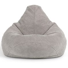 a grey bean bag chair sitting on top of a white floor