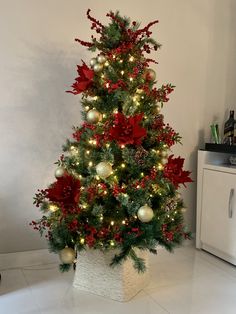 a small christmas tree with red and white decorations