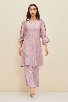 Buy Meadow Purple Silk Siena Tunic And Pant Set Online | Aza Fashions Lilac Care, Simple Kurtis, Floral Hand Embroidery, Co Ords Outfits, Desi Dress, Indian Kurti, Dress Design Patterns, Pants Fabric, Designer Kurti