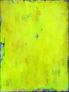 an abstract painting in yellow and green with black border on the bottom right hand corner