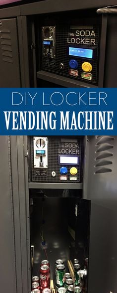 the inside of a locker with canned sodas in it and text overlay that reads diy locker vending machine