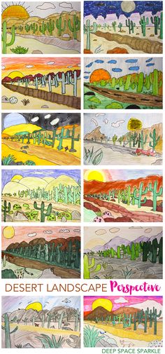 desert landscape drawings are shown in four different colors and sizes, with the words desert landscape perspective