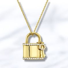 14K Yellow Gold Diamond Lock & Key Necklace SKU: 21.08.12.001 Sale price $1,095.00 Regular price $1,610.00 Elegant Lock Necklace For Anniversary, Diamond Necklace With Detachable Pendant As Gift, Diamond Pendants Designs, Diamond Pendants, Locks & Key, Key Necklace, Lock And Key, Store Hours, Key Pendant