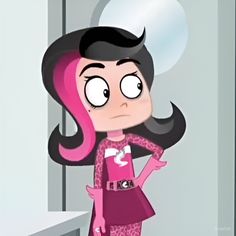 a cartoon girl with black hair and pink dress standing in front of a mirror looking at her cell phone